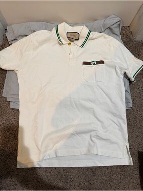 Gucci White Polo with Green Stripe Trim and Chest Web